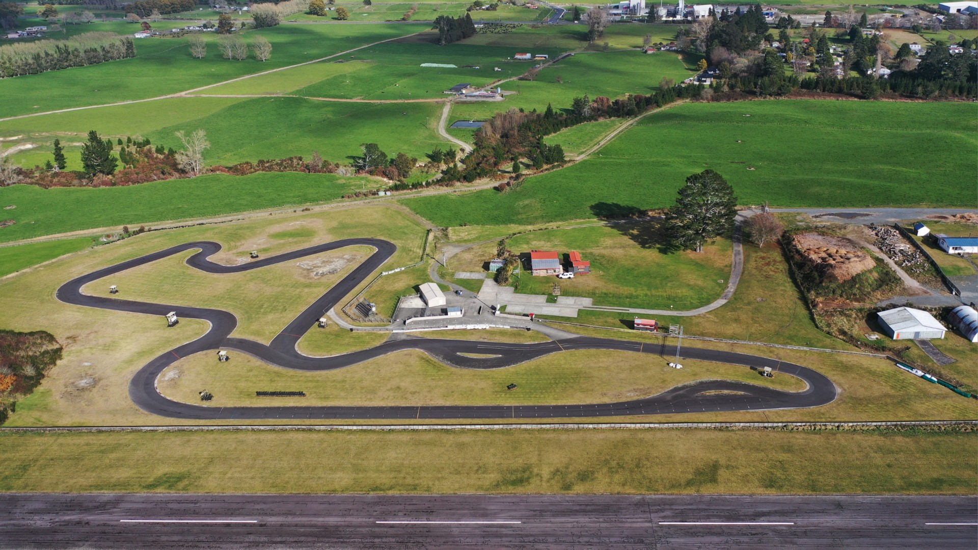 Aerial view of the Tokoroa Kart Club circuit and clubrooms on Moffat Road, Tokoroa.